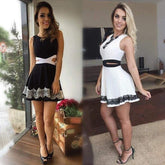 Summer Dress OL Lady Sleeveless O-neck Lace Patchwork Casual Slim Fit Hollow Out Mini Waist Dress white black